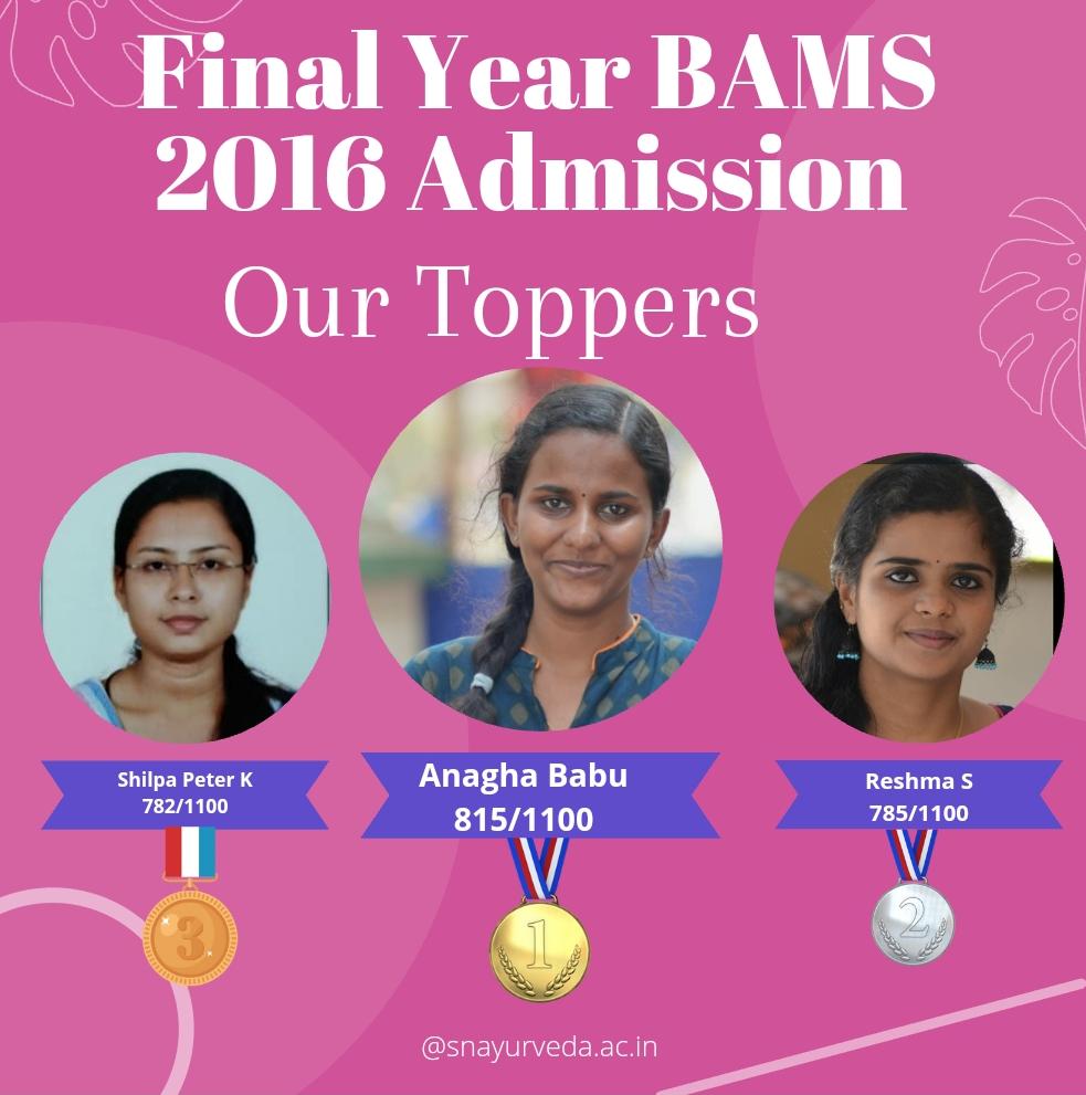 Final Year BAMS 2016 Admission Toppers SN Ayurveda